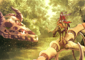 ambiguous_gender antlers bone bridle brown_hair detailed_background duo fantasy feral grass hair hooves horn leaf male nature outside plant reins riding saddle scarf skull straddling nikichi mythology deer dragon human mammal mythological_creature mythological_scalie scalie hi_res