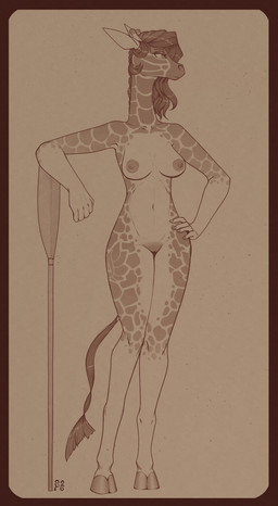 anthro big_breasts breasts cloven_hooves countershade_genitalia countershade_vulva countershading curvy_figure female genitals hair hand_on_hip hooves horn humanoid_hands long_hair long_legs long_neck long_tail looking_aside markings mottled mottled_body navel nipples nude oar ossicone pointy_ears simple_background snout solo spots spotted_body standing tail unguligrade vulva stray_prey lovelace_filigree giraffe giraffid mammal 2026 absurd_res digital_media_(artwork) hi_res monochrome signature