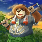 anthro band-aid bandage brown_body brown_fur clothing cloud detailed_background eyewear farmer fur glasses gloves handwear hat headgear headwear humanoid_hands kemono male outside overweight overweight_male shirt solo straw_hat topwear towel towel_around_neck yaki_atsuage lifewonders tokyo_afterschool_summoners volos_(tas) bear mammal 1:1 2022 hi_res