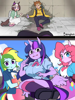 anthro big_breasts breasts clothed clothing electronics female fur group hair horn male phone pink_body pink_fur pink_hair purple_body purple_fur purple_hair wings bongftah cygames friendship_is_magic hasbro my_little_pony mythology uma_musume_pretty_derby pinkie_pie_(mlp) rainbow_dash_(mlp) special_week_(pretty_derby) trainer_(pretty_derby) twilight_sparkle_(mlp) animal_humanoid equid equid_humanoid equine equine_humanoid horse human humanoid mammal mammal_humanoid mythological_creature mythological_equine pony winged_unicorn 2025 3:4 absurd_res comic hi_res