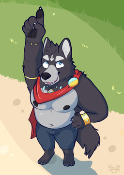 anthro barazoku black_nipples black_nose blue_eyes bottomwear bracelet brooch cape claws clothing facial_piercing fur gesture gold_(metal) gold_jewelry grass grey_body grey_fur hand_gesture jewelry labret_piercing lip_piercing looking_up male multicolored_body multicolored_fur necklace nipples pants pawpads pecs piercing plant pointing pointing_up smile solo two_tone_body two_tone_fur spyz_(artist) adastra adastra_(series) echo_project amicus_(adastra) canid canine canis mammal wolf absurd_res hi_res