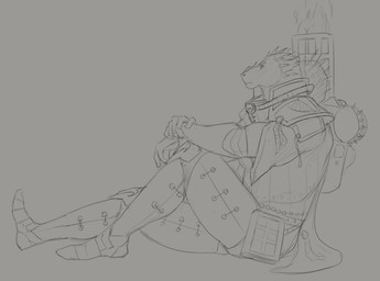 anthro armor backpack book clothed clothing head_spikes male male_anthro mouth_closed side_view simple_background sitting solo spikes spikes_(anatomy) aduran scalie absurd_res hi_res monochrome sketch
