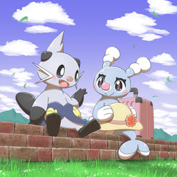 ambiguous_gender anthro black_ears black_tail blue_body blue_fur blush brick clothing cloud cute_fangs duo fangs flower_on_hat fur grass hat headgear headwear mountain open_mouth outside pink_nose plant scalchop shell sitting sky smile tail teeth whiskers white_body yoshi00000091 nintendo pokemon brionne dewott generation_5_pokemon generation_7_pokemon pokemon_(species) 1:1 hi_res