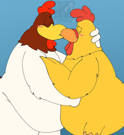 anthro belly_to_belly blue_background blush duo hand_behind_head hug kissing male obese overweight simple_background touching_bellies pt80s0up family_guy looney_tunes warner_brothers ernie_the_giant_chicken foghorn_leghorn avian bird chicken galliform phasianid meme