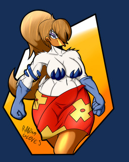 anthro beak big_breasts blue_clothing blue_eyes blue_gloves blue_handwear bottomwear breasts brown_hair cleavage clothed clothing female front_view gloves hair hair_over_eye handwear long_hair one_eye_obstructed ponytail red_bottomwear red_clothing red_skirt simple_background skirt solo standing randomgloves disney maui_mallard_in_cold_shadow herneae anatid anseriform avian bird duck 2021 4:5 absurd_res alpha_channel digital_media_(artwork) hi_res portrait three-quarter_portrait