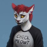 clothed clothing female hair red_hair shirt solo text text_on_clothing text_on_shirt text_on_topwear topwear yellow_eyes lostgoose fesha felid feline mammal 1:1 2021 english_text half-length_portrait hi_res portrait