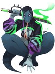 4_fingers anthro biped black_hair blue_body blue_skin bra clothed clothed_anthro clothed_female clothing crouching female fingers front_view hair holding_melee_weapon holding_object holding_sword holding_weapon long_tongue looking_at_viewer melee_weapon panties purple_eyes simple_background solo sword tongue tongue_out topwear underwear weapon white_background el-k lizard reptile scalie 2025 absurd_res digital_media_(artwork) hi_res