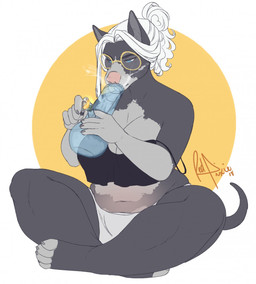 anthro biped bong breasts clothed clothing drugs eyewear female glasses off_shoulder simple_background sitting slightly_chubby solo redpixie estrella_(honeychu) canid canine canis domestic_dog mammal pit_bull 2018 hi_res signature