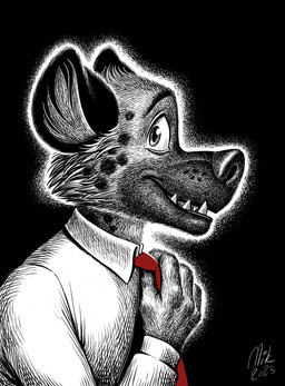 anthro clothed clothing fangs fur inner_ear_fluff looking_at_viewer male necktie red_necktie shirt side_view solo teeth topwear tuft underbite wide_eyed nikraccoom aggretsuko sanrio haida_(aggretsuko) hyena mammal spotted_hyena 2023 half-length_portrait hi_res portrait signature