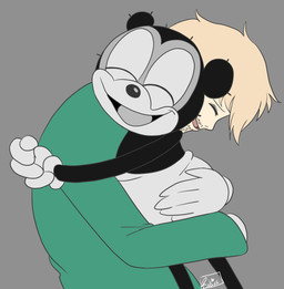 anthro clothing cubby_bear_(van_beuren) duo gloves handwear hug male rubberhose_animation smile toony white_clothing white_gloves white_handwear imaranx bear human mammal absurd_res hi_res