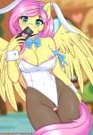 2018 absurd_res anthro anthrofied areola blurred_background bow_(feature) breasts bunny_costume cellphone clothing costume digital_media_(artwork) electronics equid feathered_wings feathers female fluttershy_(mlp) friendship_is_magic genitals hair hasbro hi_res holding_object legwear mammal my_little_pony nipples pantyhose phone pussy smartphone solo text twistedscarlett60 wings