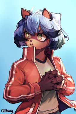 anthro black_hair blue_hair breasts brown_body brown_ears brown_fur brown_hands clothing female fur hair jacket multicolored_body multicolored_fur multicolored_hair red_clothing small_breasts solo tan_body tan_clothing tan_fur topwear track_jacket gilmang brand_new_animal studio_trigger michiru_kagemori canid canine mammal raccoon_dog tanuki 2:3 absurd_res hi_res