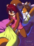 adolescent age_difference anthro bed big_breasts blush breasts brown_hair clothing duo female female/female furniture green_eyes hair larger_female licking licking_lips long_hair lying nightwear older_female red_hair self_lick size_difference smaller_female tail tongue tongue_out young young_anthro younger_female kloudmutt canid canine fox mammal rodent sciurid tree_squirrel 2010 digital_media_(artwork) hi_res