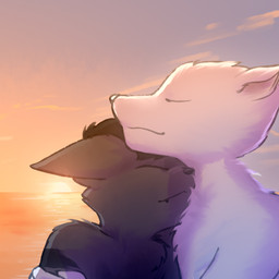 anthro black_body black_fur chest_fur duo fur male male/male sea sunset twilight water white_body white_fur stampmats canid canine canis domestic_cat domestic_dog felid feline felis mammal 1:1 hi_res