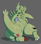 3_claws 3_toes animal_genitalia animal_penis anthro anus balls butt claws erection feet genitals green_body grey_background looking_back male nude on_one_leg penis presenting presenting_hindquarters raised_tail sheath simple_background smile solo standing tail toes fizzpop nintendo pokemon generation_2_pokemon pokemon_(species) tyranitar hi_res