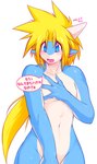 2006 ambiguous_gender anthro blonde_hair blue_eyes blush covering covering_self dialogue faolan_(kitora) hair japanese_text kemono kitora male_(lore) nude scalie short_snout shy simple_background solo text translated