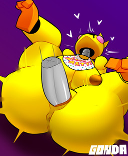 anthro anus beakless big_breasts big_butt bodily_fluids breasts butt disembodied_penis drooling duo feet female genitals heart_symbol inverted_nipples machine male male/female metallic_body motion_lines nipples orange_feet penetration penis robotic saliva simple_background vaginal vaginal_penetration vulva yellow_body gonda five_nights_at_freddy's five_nights_at_freddy's_2 scottgames anon toy_chica_(fnaf) animatronic avian bird chicken galliform phasianid robot 2022 absurd_res digital_media_(artwork) hi_res