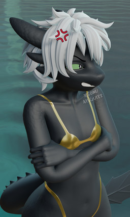 angry anthro bikini black_body clothing cross-popping_vein femboy gold_bikini green_eyes hair male sea sharp_teeth solo swimwear teeth two-piece_swimsuit water white_hair aisquirr epic_games fortnite golden_week mythology dang_(aisquirr) dragon mythological_creature mythological_scalie scalie 3d_(artwork) absurd_res digital_media_(artwork) hi_res