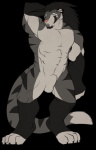 abs animal_genitalia anthro biceps black_body black_fur black_hair black_nose blue_eyes flexing fully_sheathed fur genitals hair male muscular muscular_anthro muscular_male nude pecs pink_nose presenting sheath solo stripes tail dazen_cobalt dazen_(character) felid mammal pantherine tiger hi_res