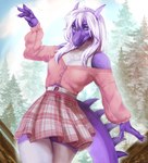 anthro blue_eyes bottomwear breasts claws clothed clothing evergreen_tree female forest hair open_mouth outside pattern_background pine_tree pink_clothing plant purple_body purple_scalies simple_background skirt sky small_breasts solo spiked_tail spikes spikes_(anatomy) tail tree walking white_clothing white_hair wood pea2 european_mythology mythology rythmyr dragon mythological_creature mythological_scalie scalie