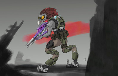 anthro arm_feathers arm_tuft armor avian_caruncle beak digitigrade eyewear feather_hair feathered_crest feathers goggles grey_body gun head_crest holding_gun holding_object holding_ranged_weapon holding_weapon light_armor male needle_rifle pouch_(clothing) pseudo_hair ranged_weapon red_body red_feathers sharp_teeth solo standing teeth tuft weapon akilae06 halo_(series) microsoft xbox_game_studios alien avian kig-yar scalie t'vaoan colored hi_res