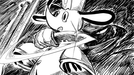 bayonet button_(fastener) cloak clothing duo female hat headgear headwear knife knife_to_throat male surprised weapon dragonweirdo puck_(dragonweirdo) canid canine canis domestic_dog domestic_ferret mammal mustelid musteline true_musteline weasel 16:9 comic hi_res monochrome widescreen