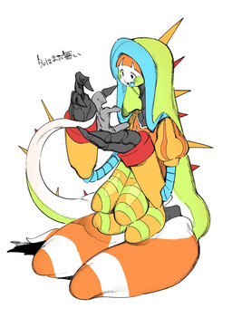 4_breasts ambiguous_gender breasts duo featureless_breasts female gentle_giant macro monster_girl_(genre) multi_breast sagging_breasts simple_background text white_background 9999gpera anon animal_humanoid humanoid lizard_humanoid monster monstrous_humanoid reptile reptile_humanoid scalie scalie_humanoid hi_res japanese_text translation_request