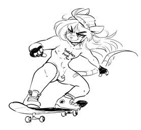 anthro balls band-aid bandage beanie clothing converse_shoes femboy fingerless_gloves footwear genitals gloves hair handwear hat headgear headwear jewelry long_hair male mostly_nude necklace nipples penis pronouns rat_tail shoes skateboard small_penis smile smirk sneakers solo tail vehicle anaugi mammal murid murine rat rodent 2025 hi_res monochrome trans_(lore) trans_woman_(lore)