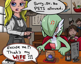 annoyed chest_spike cross-popping_vein dialogue digit_ring duo female green_body green_hair hair jewelry looking_at_viewer red_eyes restaurant ring short_hair speech_bubble spikes spikes_(anatomy) talking_to_viewer text wedding_ring white_body jdkdoodles nintendo pokemon gardevoir generation_3_pokemon human humanoid mammal pokemon_(species) meme