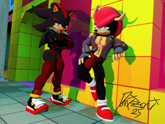 abs anthro big_bulge big_butt blue_eyes bulge butt clothing crossed_arms duo footwear gloves handwear jacket leaning_against_wall leather leather_clothing leather_jacket leather_topwear legwear looking_at_viewer male muscular muscular_anthro muscular_male pecs pose red_eyes shoes smile speedo swimwear thigh_highs topwear domizoni sega sonic_the_hedgehog_(series) mighty_the_armadillo shadow_the_hedgehog armadillo eulipotyphlan hedgehog mammal xenarthran 2025 3d_(artwork) digital_media_(artwork) hi_res pinup source_filmmaker_(artwork)