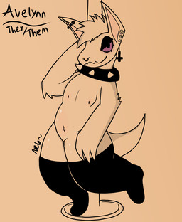 3_fingers ambiguous_gender anthro arm_tuft bedroom_eyes clothing collar cross cross_ear_piercing cross_piercing dancing ear_piercing ear_ring elbow_tuft facial_piercing featureless_crotch fingers glistening glistening_body hair industrial_piercing legwear looking_at_viewer mostly_nude_anthro narrowed_eyes navel nipples nose_piercing piercing pole pole_dancing pronouns purple_sclera ring_piercing seductive septum_piercing simple_background solo spiked_collar spikes standing stripper_pole tan_background thick_thighs thigh_highs thigh_highs_only three-quarter_view tuft nebularose avelynn ambiguous_species 2023 digital_drawing_(artwork) digital_media_(artwork) full-length_portrait portrait signature