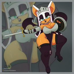 anthro armor big_breasts blush boots breasts cleavage clothed clothing cross female fingerless_gloves footwear gloves handwear high_heeled_boots high_heels legwear looking_at_viewer markings melee_weapon mole_(marking) shield shoes solo sword thigh_boots thigh_highs weapon wings berkthejerk sega sonic_the_hedgehog_(series) rouge_the_bat bat mammal 1:1 hi_res