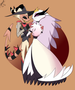 anthro beak blouse blush blush_lines bodily_fluids bottomwear brown_background clothing cowboy_outfit crown dress duo eyelashes eyes_closed feather_hair feathers female geometric_background gold_(metal) gold_tooth hand_on_another's_shoulder hand_on_shoulder hat headgear headwear horn horns_through_hat hug larger_female long_eyelashes male male/female pants pink_beak pink_blouse pink_eyes pseudo_hair simple_background size_difference small_waist smaller_male smile spade_tail spiked_tail spikes spikes_(anatomy) sweat sweatdrop tail teeth topwear torn_bottomwear torn_clothing torn_pants yellow_teeth ghostspectre42 hellaverse helluva_boss stella_(helluva_boss) striker_(helluva_boss) avian avian_demon demon demon_humanoid horned_humanoid humanoid imp tailed_humanoid 2023 absurd_res hi_res