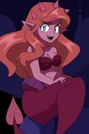 bra clothing fangs female horn monster_girl_(genre) pink_body pink_skin pointy_ears seashell_bra solo split_form teeth underwear qsky disney the_little_mermaid_(1989) ariel_(disney) horned_humanoid humanoid marine merfolk hi_res