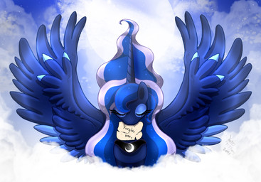 blue_hair cloud eyeshadow feathered_wings feathers female feral hair horn jewelry makeup moon necklace note solo sparkles text wings joakaha friendship_is_magic hasbro my_little_pony mythology princess_luna_(mlp) equid equine mammal mythological_creature mythological_equine winged_unicorn absurd_res blue_theme english_text hi_res