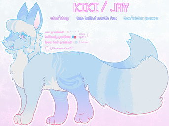 ambiguous_gender blue_body blue_fur female feral fur gradient_background markings multi_tail open_:3 pink_eyes pronouns raccoon_tail_hair simple_background smile solo striped_markings stripes tail text textured_background toony snuffkitt3n kiki_(snuffkitt3n) arctic_fox canid canine fox mammal true_fox 2026 handwritten_text model_sheet nonbinary_(lore)