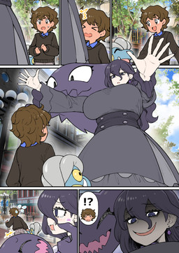 >_< age_difference ambiguous_gender big_breasts black_clothing black_dress black_sweater black_topwear bodily_fluids breasts brown_hair clothing crying dress ear_piercing ear_ring eye_contact eyelashes eyes_closed fangs female feral group hair human_focus interrobang larger_female long_hair looking_at_another male older_female outside pale_skin piercing purple_eyes ring_piercing running sad size_difference smile spiral spiral_eyes sweater tears teeth topwear younger_male amano_jack nintendo pokemon pokemon_legends_z-a hex_maniac youngster_(pokemon) bagon generation_1_pokemon generation_3_pokemon haunter human mammal pokemon_(species) comic