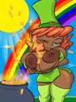 big_breasts big_butt bra breast_squish breasts buckteeth butt cauldron cleavage clothed clothing coin dark_body dark_skin female gold_(metal) gold_coin green_eyes hair huge_breasts humanoid_pointy_ears legwear nipples not_furry one_eye_closed orange_hair pointy_ears rainbow short_stack skimpy solo squish teeth thick_thighs thigh_highs tongue tongue_out treasure underwear jyto humanoid leprechaun mammal 3:4 hi_res