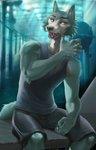 anthro athletic biceps bottomwear claws clothed clothing eye_scar facial_scar fully_clothed fur grey_body grey_fur gym male muscular muscular_male nails open_mouth scar sharp_teeth shirt shorts sitting solo tank_top teeth topwear vein momobeda beastars legoshi_(beastars) canid canine canis mammal wolf hi_res