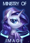 2019 absurd_res alternate_version_at_source blue_background clothed clothed_feral clothing english_text equid equine eyelashes fallout_equestria female feral friendship_is_magic fur hasbro hat headgear headwear hi_res horn jedayskayvoker looking_at_viewer mammal mane my_little_pony mythological_creature mythological_equine mythology purple_mane rarity_(mlp) side_view signature simple_background smile solo text unicorn white_body white_fur