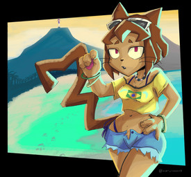 4_fingers anthro beach bikini bikini_strap black_border bob_cut border bottomwear bra_strap bracelet brazil brazilian_flag brown_body brown_fur brown_hair cat_tail christ_the_redeemer clothed clothing cosplay curvy_figure denim denim_bottomwear denim_clothing denim_shorts eyewear eyewear_on_head female fingers fur gem green_bracelet hair hand_on_hip hand_on_own_hip jewelry long_tail looking_at_viewer magenta_eyes medium_hair midriff necklace off_shoulder outside pearl_(gem) pearl_necklace sea seaside shirt shorts side-tie_bikini small_waist solo string_bikini sunglasses sunglasses_on_head swimwear t-pose t-shirt tail text topwear two-piece_swimsuit water wearing_sunglasses whiskers yellow_clothing yellow_sclera yellow_shirt yellow_t-shirt yellow_topwear marciuspng brazilian_miku epic_games fortnite gameoverse glitch_productions the_amazing_digital_circus kit_bodega pomni_(tadc) domestic_cat felid feline felis mammal 2026 absurd_res artist_name hi_res url watermark