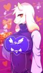 2016 abstract_background anthro big_breasts biped boss_monster_(undertale) bovid breasts caprine clothed clothing dessert digital_media_(artwork) female food fur heart_eyes heart_symbol horn looking_at_viewer mammal missaka mizuaka navel pastry pie red_eyes smile solo standing toriel undertale undertale_(series) white_body white_fur