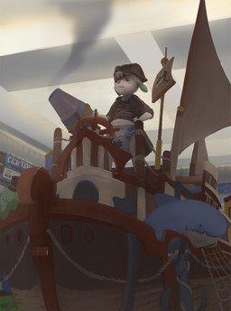 anchor anthro biped bone cannon ceiling clean_diaper clothed clothing diaper eye_patch eyewear fur hair hat headgear headwear male pirate plushie ranged_weapon rope sail ship sign skull smoke solo toy vehicle watercraft weapon wearing_diaper white_body white_fur white_hair young young_anthro wob cuddlehooves_(character) aquatic canid canine canis domestic_dog fish mammal shark hi_res