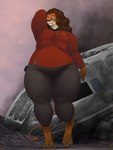 anthro big_breasts black_body black_bottomwear black_claws black_clothing black_fur black_pants bottomwear breasts brown_hair claws clothing digitigrade female fur hair huge_thighs long_hair multi_breast multicolored_body multicolored_fur orange_body orange_eyes orange_fur pants red_clothing red_shirt red_topwear shirt slightly_chubby slightly_chubby_female solo thick_thighs toe_claws topwear torn_clothing meanybeany star_trek caitian felid kzinti mammal 3:4 hi_res