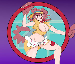 animal_ears animal_tail apron big_breasts black_clothing black_panties black_underwear bottomwear braided_hair breasts brown_body brown_fur brown_hair cleavage clothed clothing collar female fur hair hat headgear headwear navel panties pupils purple_background red_eyes simple_background skirt smile solo spiked_collar spikes thick_thighs tongue tongue_out topwear underwear unusual_pupils visor_cap wide_hips yellow_bottomwear yellow_clothing yellow_skirt yellow_topwear killer._ez hololive vtuber inugami_korone animal_humanoid canid canid_humanoid canine canine_humanoid dog_humanoid humanoid mammal mammal_humanoid absurd_res hi_res