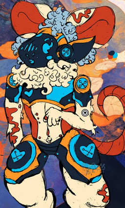 anthro female fluffy fur machine male multicolored_body multicolored_fur protogen_armor protogen_visor solo spots standing seaglassafterdark juniper_(seaglass) mammal mouse murid murine protogen rodent