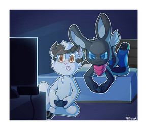 anthro bed bedroom blue_eyes chibi duo ears_up electronics furniture gaming green_toes hooves horn lying male male/male nude nude_anthro nude_male on_front orange_eyes paws scarf sitting sitting_on_ground smile television tongue tongue_out rioisok moowool vyrn_(cabbit) bovid caprine domestic_cat felid feline felis hybrid lagomorph leporid mammal rabbit sheep 2020 digital_media_(artwork) signature male_(lore)