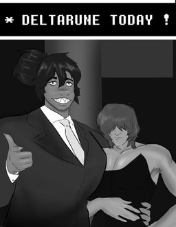 anthro clothed clothing dress duo female gesture hair hair_bun hand_gesture male pointing pointing_at_viewer sharp_teeth smile suit_and_tie teeth text kohakodraws deltarune undertale_(series) kris_dreemurr susie_(deltarune) human humanoid mammal reptile scalie absurd_res digital_media_(artwork) english_text hi_res meme monochrome