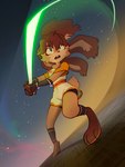 anthro blue_eyes breasts brown_body brown_fur brown_hair eyebrows eyelashes feet female fur green_lightsaber hair lightsaber long_ears melee_weapon neck_tuft open_mouth ponytail solo tan_body tan_fur tan_hair tuft weapon celebi-yoshi star_wars star_wars_visions lop_(star_wars_visions) lagomorph lepi leporid mammal rabbit 2025 hi_res