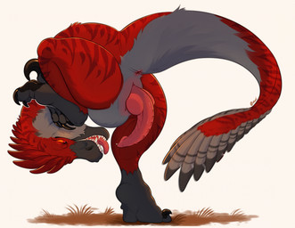 animal_genitalia anus big_penis bodily_fluids butt claws dripping erection feathers feet feral fingers genital_fluids genital_slit genitals grass male penis plant precum precum_drip red_body scales solo tail teeth toes owishka detox_(detoxtheraptor) dinosaur dromaeosaurid feathered_scalie prehistoric_species reptile saurischian scalie theropod hi_res